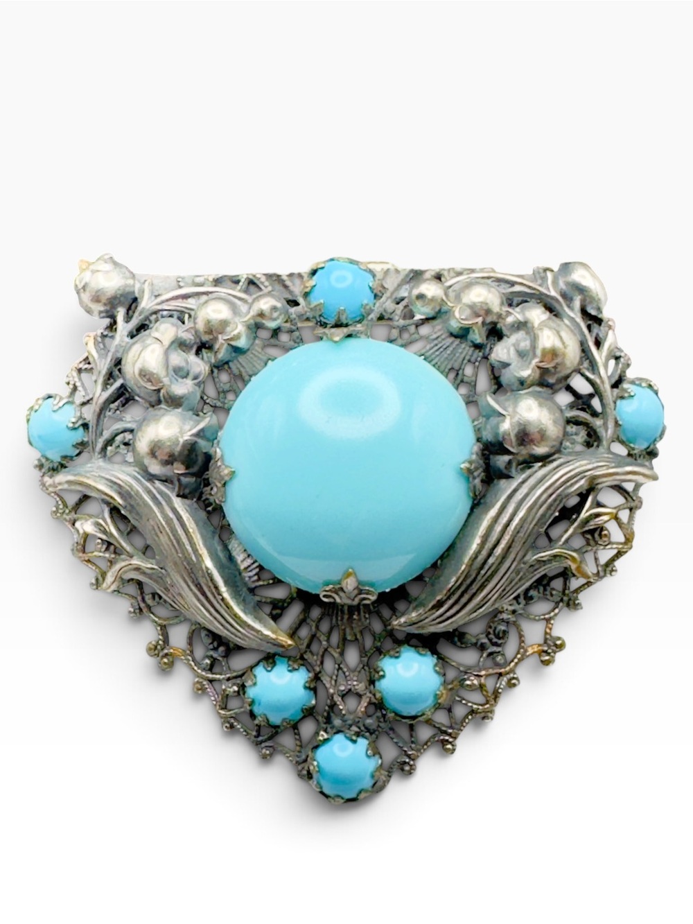 Antique A.E. Waller Art Nouveau Turquoise Glass Cabochon & Filigree Dress Clip